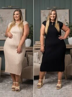 Ribbed Split Neck Fitted Long Dress | S-3X