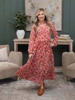 Abstract Print V Neck Pleated High Waist Midi Dress | S-XL