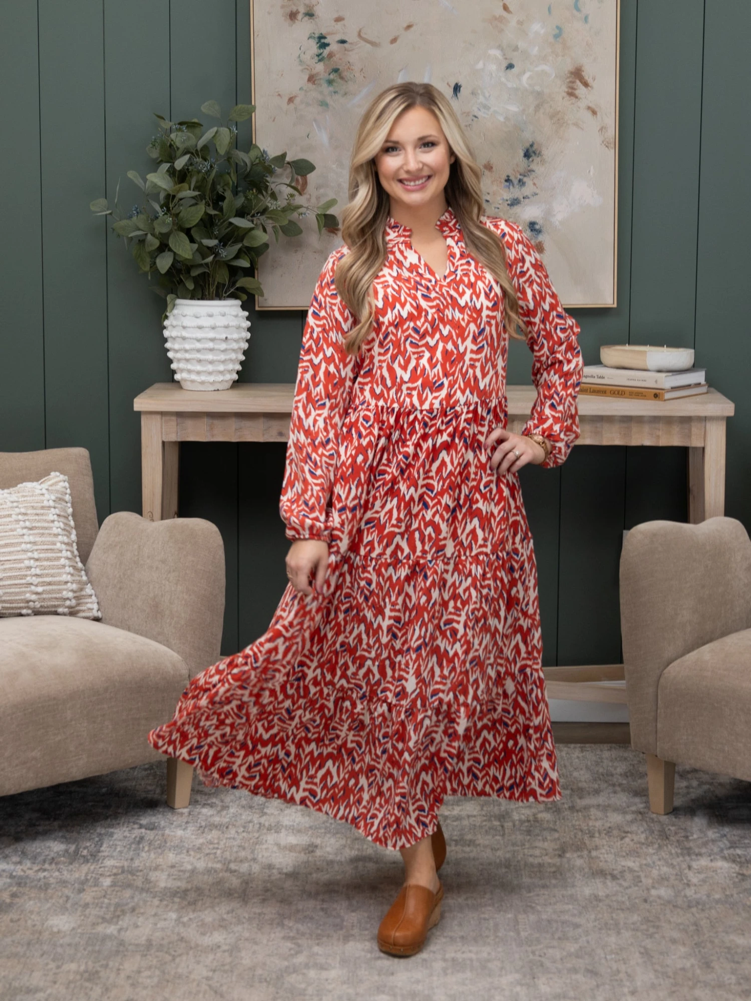 Abstract Print V Neck Pleated High Waist Midi Dress | S-XL 1 Abstract Print V Neck Pleated High Waist Midi Dress | S-XL