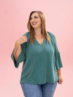 Raised Rib 3/4 Ruffle Sleeve Top By DD Design | S-3XL