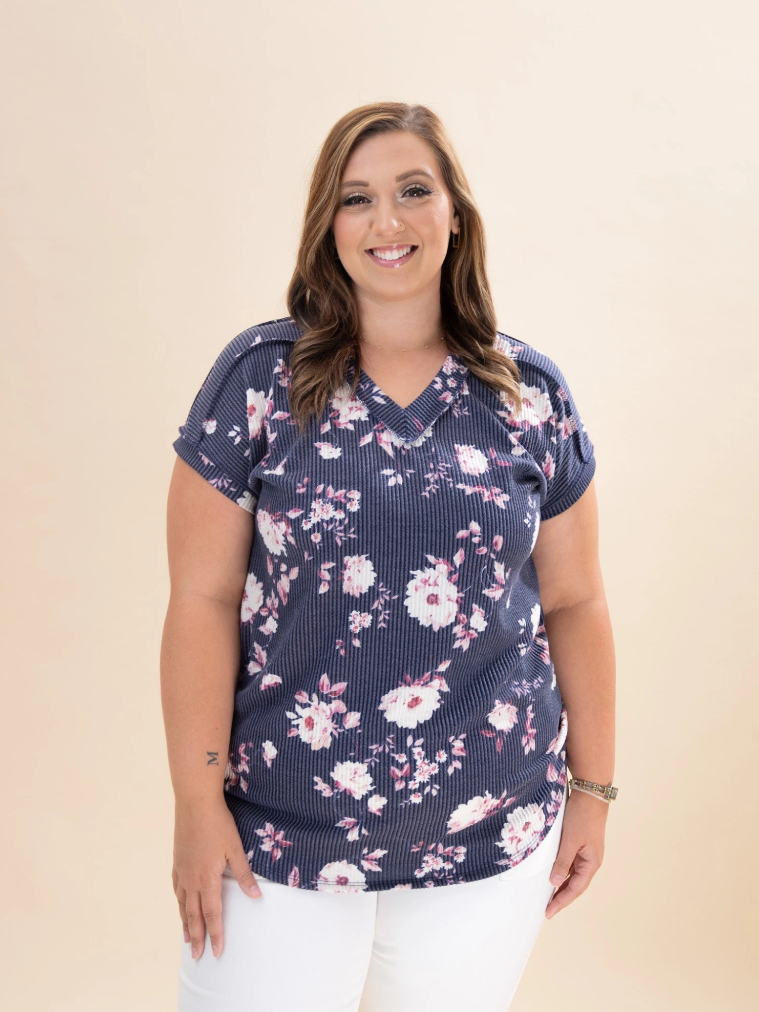 Raised Rib Dolman Short Sleeve Floral Print Top | S-3XL 2 Raised Rib Dolman Short Sleeve Floral Print Top | S-3XL - Image 2