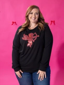 Long Sleeve Top W/ Cupid Sequins | S-3X -Discount Divas Shop 4d6f1ddf426261caa7abdeaaeb97f074