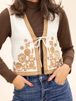 Embroidery Detail Front Tie Sleeveless Vest | S-L