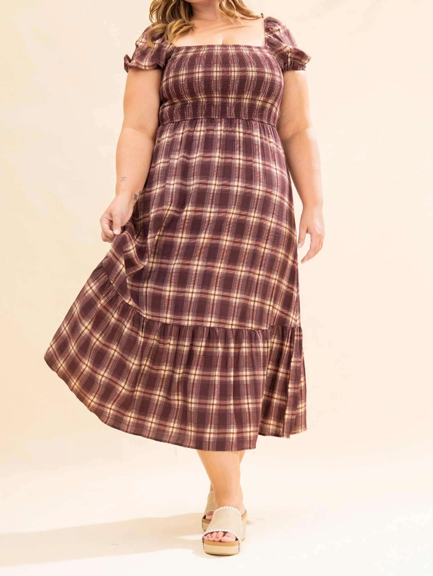 Plaid Smocked Puff Sleeve Ruffle Hem Midi Dress | S-L 2 Plaid Smocked Puff Sleeve Ruffle Hem Midi Dress | S-L - Image 2