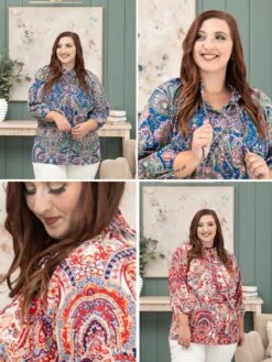 Paisley Print 3/4 Sleeve Button Down Shirt | S-3X