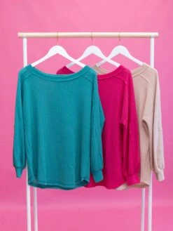 Solid Color Long Sleeve Round Neck Waffle Top | S-L