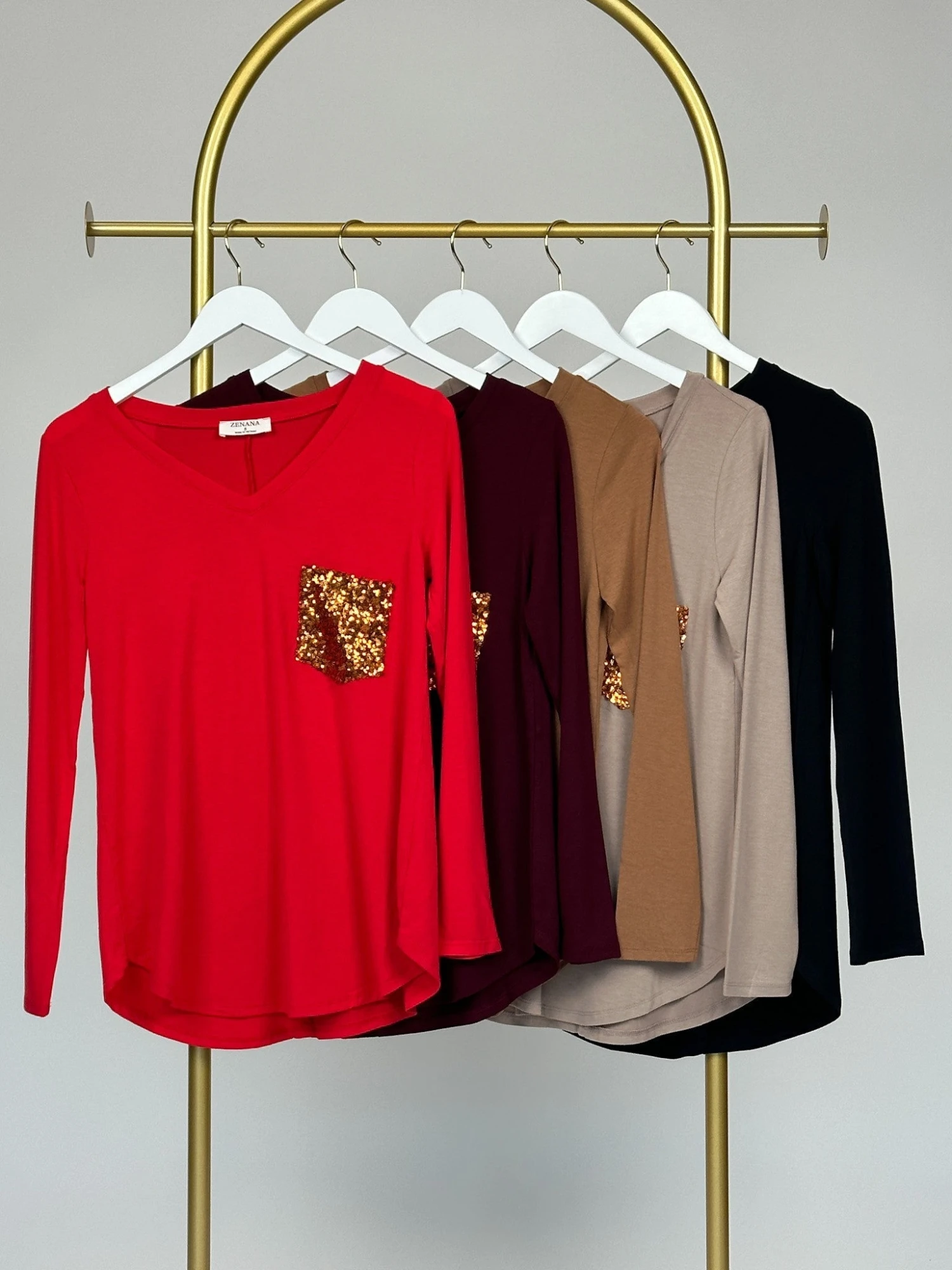 Zenana Long Sleeve V-Neck Top W/ Chest Sequin Pocket | S - 3X 2 Zenana Long Sleeve V-Neck Top W/ Chest Sequin Pocket | S - 3X - Image 2