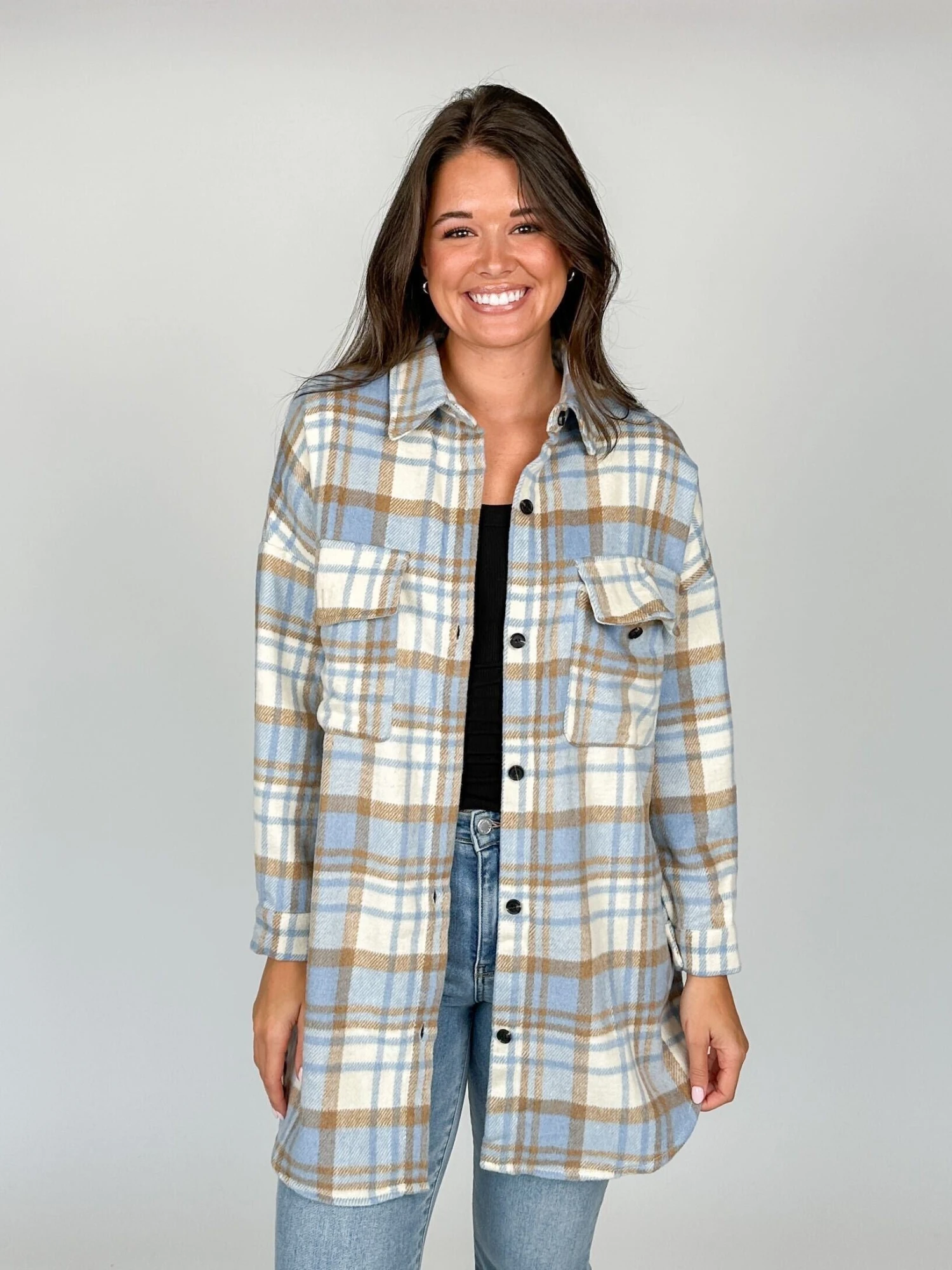 Plaid Button Down Long Sleeve Shacket W/ Flap Pockets | S - 2XL 1 Plaid Button Down Long Sleeve Shacket W/ Flap Pockets | S - 2XL
