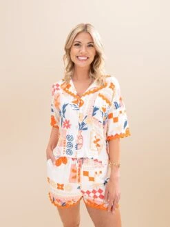Floral And Fruit Print Wavy Trim Collared Shirt | S-L Pair W/ Sku62101