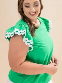 Ruffle Sleeve Round Neck Woven Top W/ Contrast Trim | S-L -Discount Divas Shop 557e08acf30d9caac776fb939dd20844