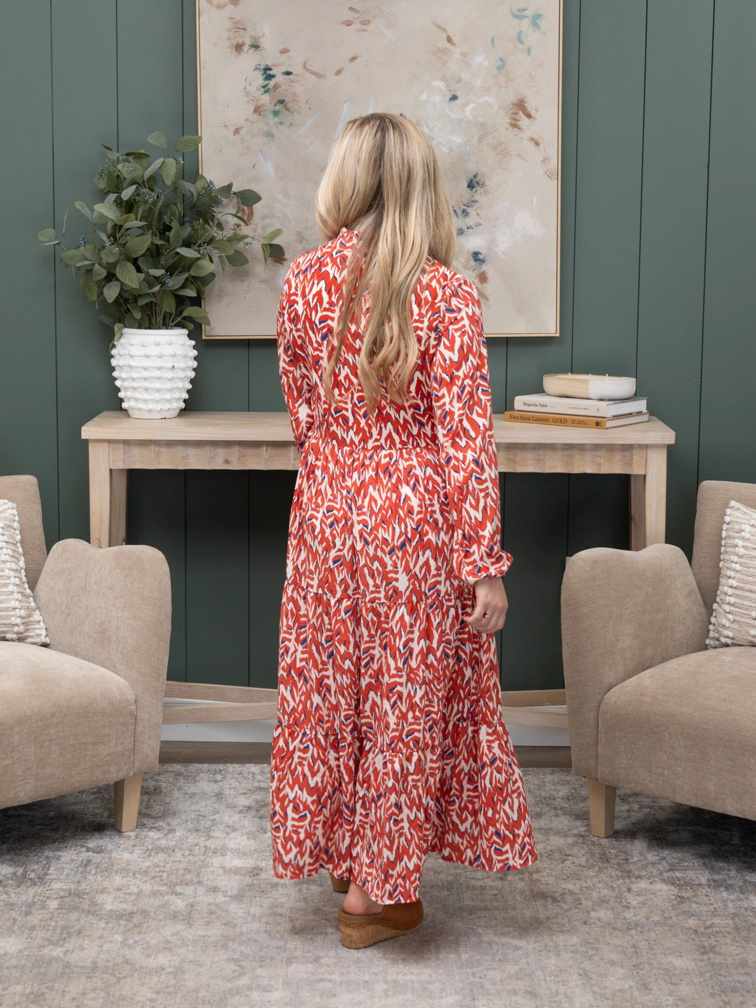 Abstract Print V Neck Pleated High Waist Midi Dress | S-XL 4 Abstract Print V Neck Pleated High Waist Midi Dress | S-XL - Image 4