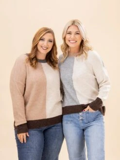 Color Block Front Seam Long Sleeve Knit Sweater | S-L