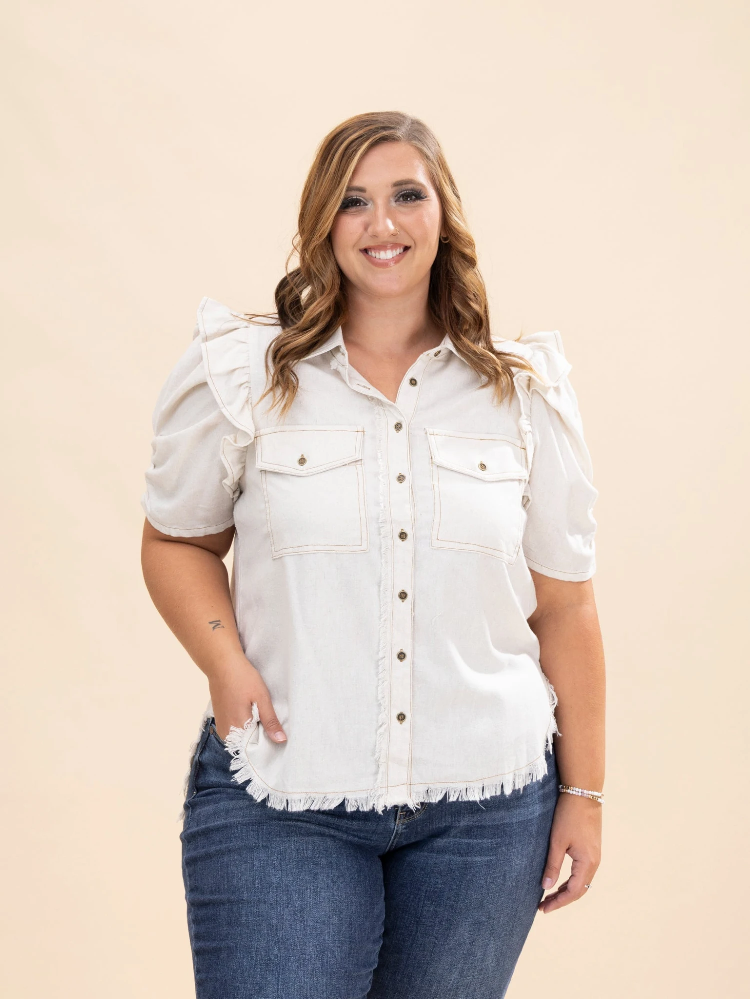 Ruffled Gathered Sleeve Linen Button Up Shirt Top | S-L Summer Concert 2 Ruffled Gathered Sleeve Linen Button Up Shirt Top | S-L Summer Concert - Image 2