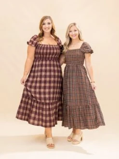 Plaid Smocked Puff Sleeve Ruffle Hem Midi Dress | S-L
