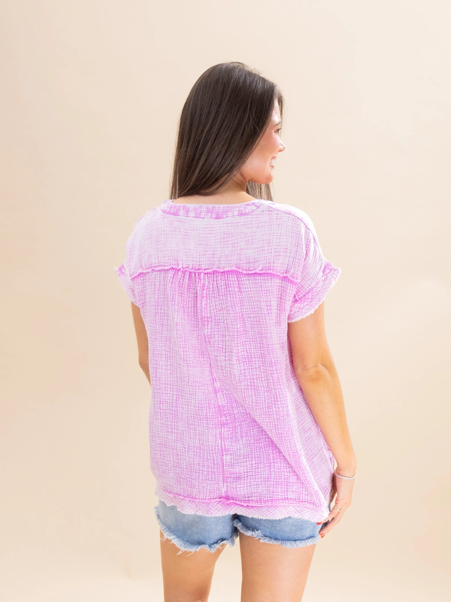 Zenana Washed Double Gauze Raw Edge Short Sleeve Top | S-3X 7 Zenana Washed Double Gauze Raw Edge Short Sleeve Top | S-3X - Image 7