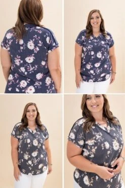 Raised Rib Dolman Short Sleeve Floral Print Top | S-3XL