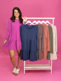 Raised Rib Long Sleeve Tiered Dress | S - 3X