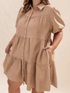 Tiered Puff Sleeve Shirt Dress With Pearl Accents | S-3XL Western