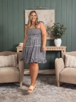 Smocked Gingham Print Dress W/ Tie Straps | S-3X