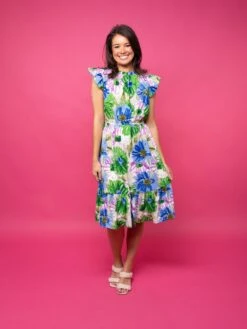 Floral Print Mock Neck Flutter Sleeve Dress | S-L