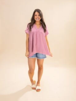 Zenana Gauze Raw Edge Short Sleeve V Neck Babydoll Shirt | S-3X -Discount Divas Shop 59b83cbfe7db666e6c198c027ea8989c