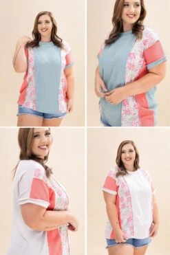 Short Sleeve Solid And Floral Contrast Top | S-3XL