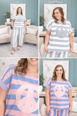 Peace Sign Striped Print Short Sleeve Top | S-L Pair W/ Sku60723