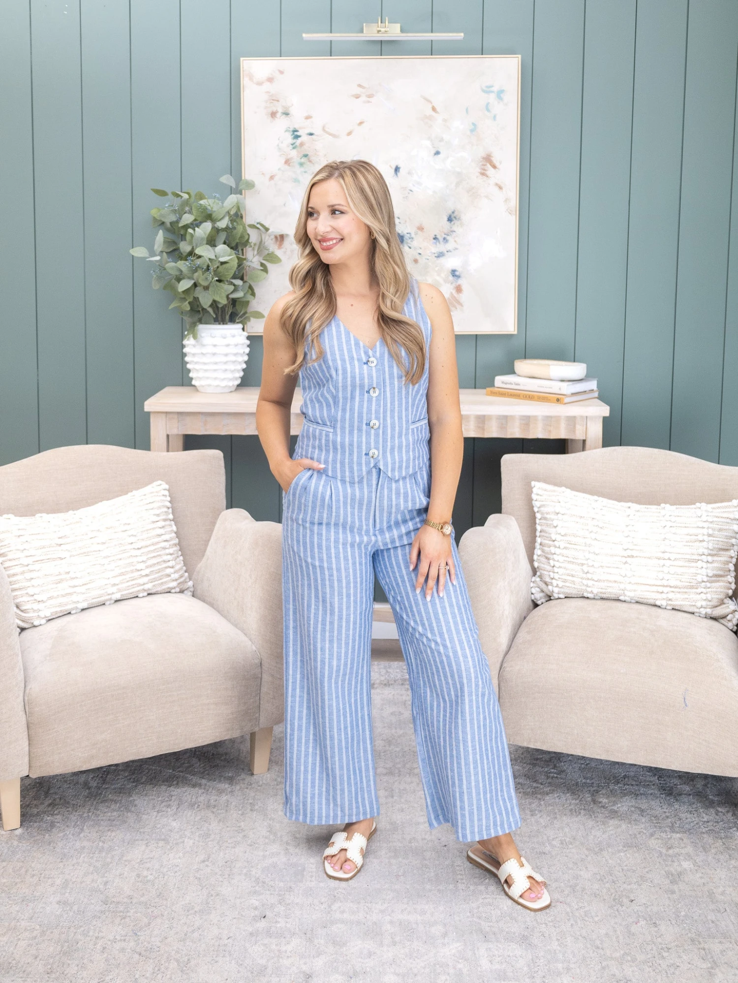 Striped Linen Blend Sleeveless Waistcoat | S-L Pair W/ Sku60632 3 Striped Linen Blend Sleeveless Waistcoat | S-L Pair W/ Sku60632 - Image 3