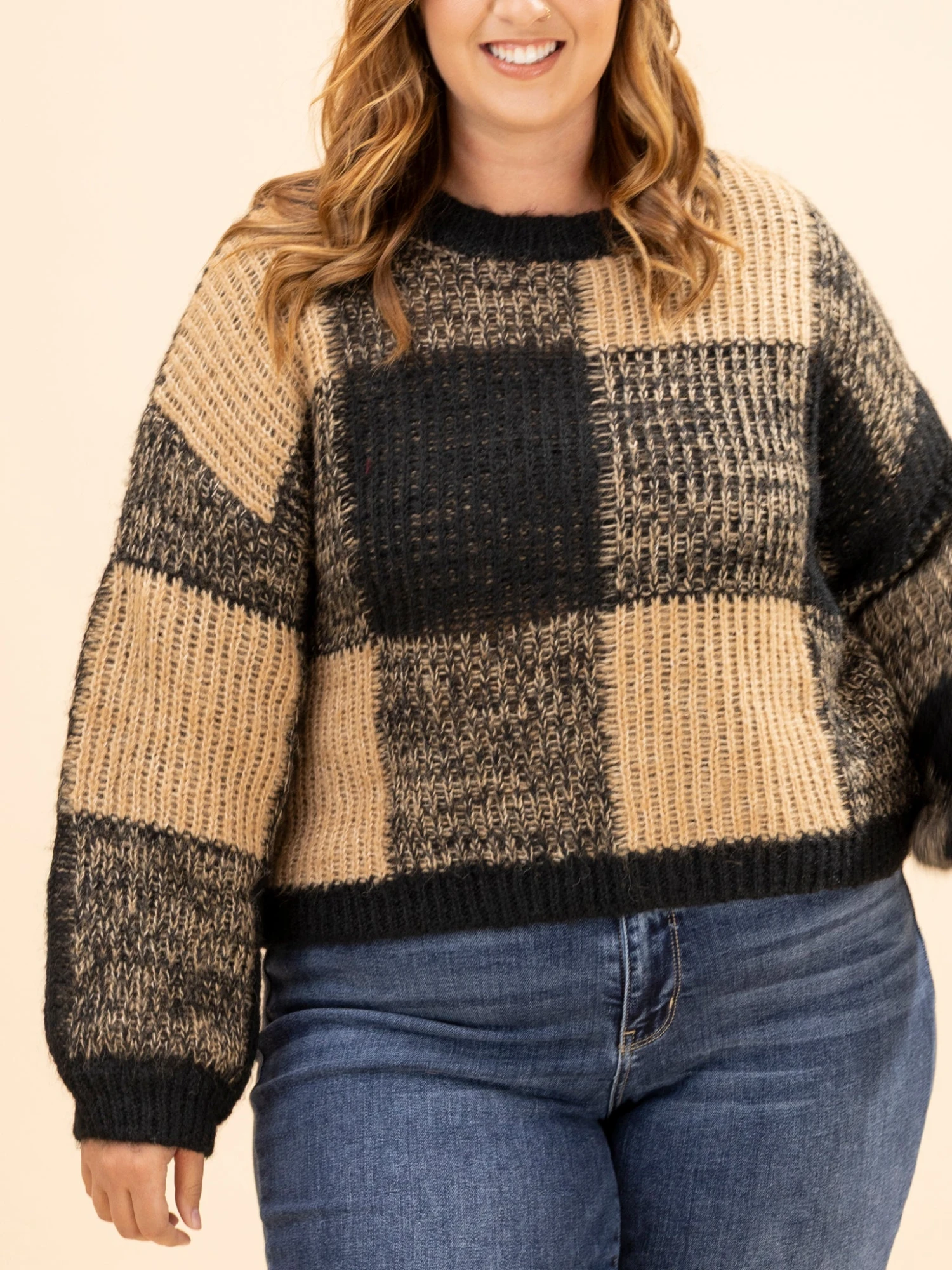 Plaid Knit Pattern Crewneck Pullover Sweater | S-L 2 Plaid Knit Pattern Crewneck Pullover Sweater | S-L - Image 2