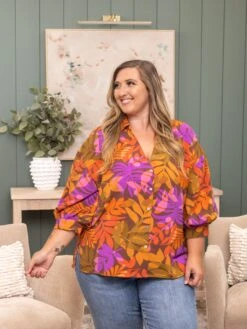Leaf Print Balloon Sleeve Button Down Blouse | S - 3XL