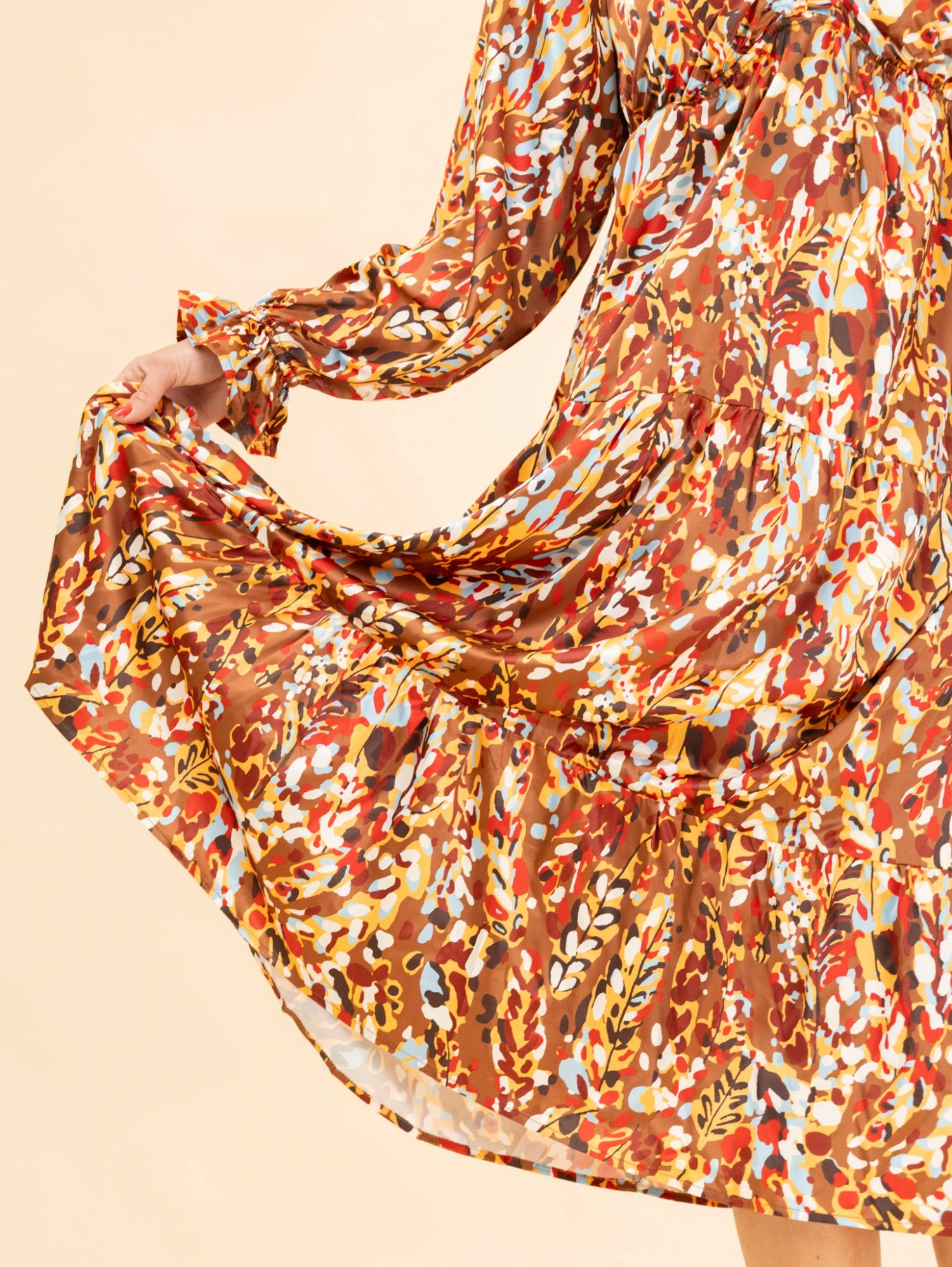 Long Sleeve Deep V Neck Satin Floral Print Tiered Maxi Dress | S-3XL 5 Long Sleeve Deep V Neck Satin Floral Print Tiered Maxi Dress | S-3XL - Image 5