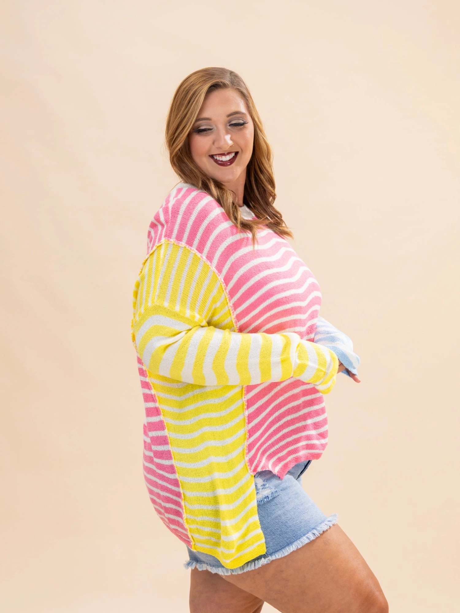 Color Block Striped Patchwork Dolman Sleeve Slit Sweater | S-XL 3 Color Block Striped Patchwork Dolman Sleeve Slit Sweater | S-XL - Image 3