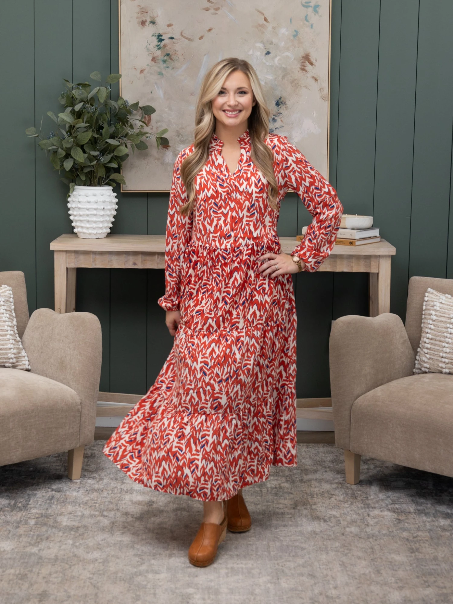 Abstract Print V Neck Pleated High Waist Midi Dress | S-XL 2 Abstract Print V Neck Pleated High Waist Midi Dress | S-XL - Image 2