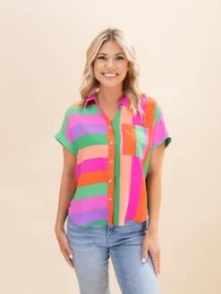 Multicolor Striped Print Button Up Top | S-2XL