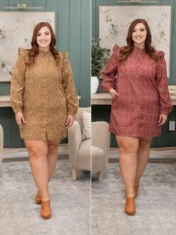 Printed Button Up Mock Neck Dress W/ Pockets | S-XL