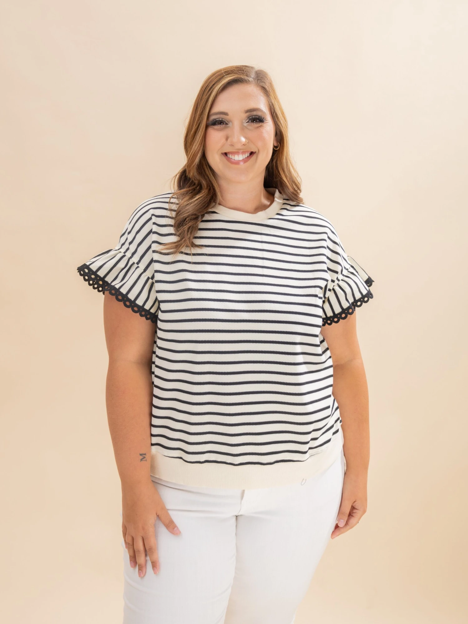 Stripe Scallop Lace Trim Ruffle Short Sleeves Crewneck Top | S-3X 1 Stripe Scallop Lace Trim Ruffle Short Sleeves Crewneck Top | S-3X