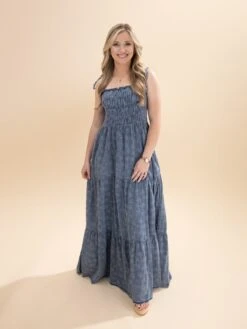 Washed Daisy Print Denim Maxi Dress | S-L