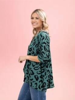 Raised Rib Green Leopard Easy Fit 3/4 Sleeve Top By DD Design | Reg-Plus -Discount Divas Shop 62cab97bfd085eebb3a8054bccc11ad5