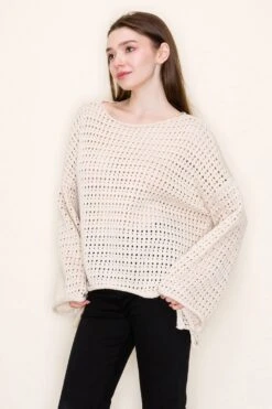 Long Sleeve Boat Neck Top With Open Knit Detail | S-3XL White Birch