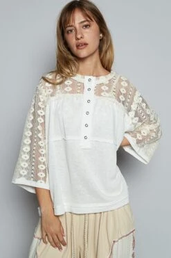 Round Neck 3/4 Sleeve Crochet Contrast Relaxed Fit Top | S - L POL