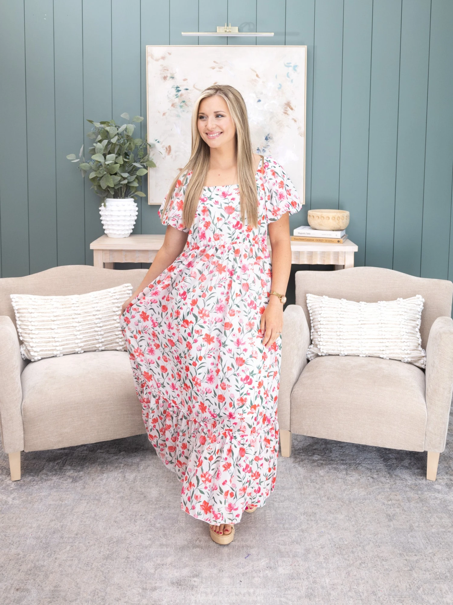 Floral Puff Sleeve Square Neck Empire Waist Tiered Maxi Dress | S-XL 4 Floral Puff Sleeve Square Neck Empire Waist Tiered Maxi Dress | S-XL - Image 4