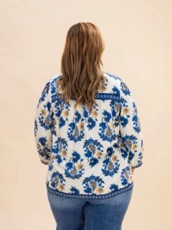 Floral Fall Print 3/4 Length Sleeve Blouse W/ Decorative Trim Details & Tassel Neck Tie | S-L -Discount Divas Shop 65e2258b5e3083951133b30d71c81c36