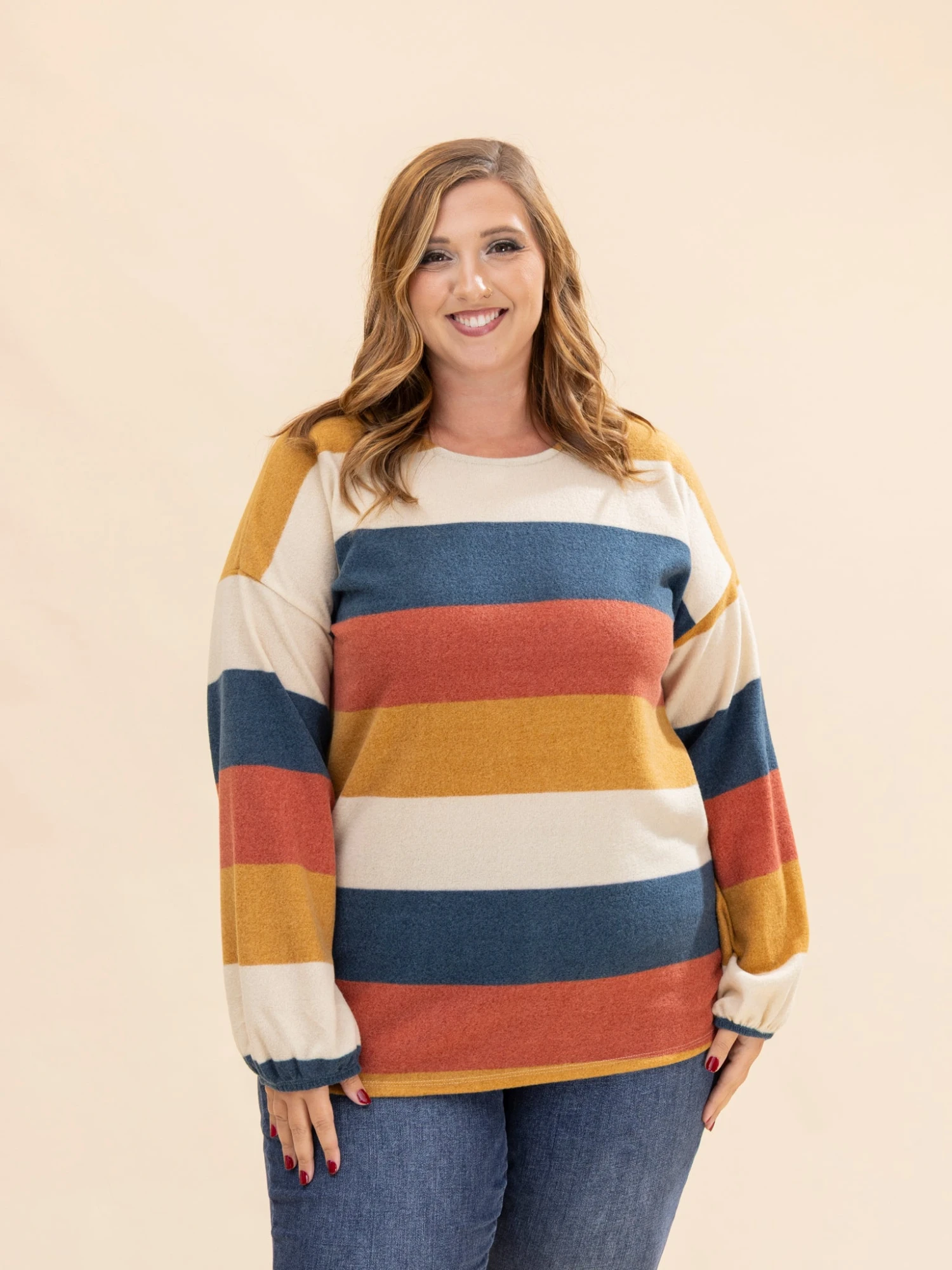 Long Puff Sleeve Round Neck Stripe Top | S-3X 1 Long Puff Sleeve Round Neck Stripe Top | S-3X