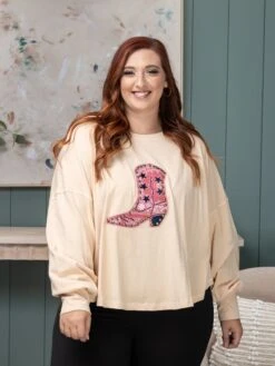 Long Sleeve Boot Patch Top | S-L Easel WESTERN