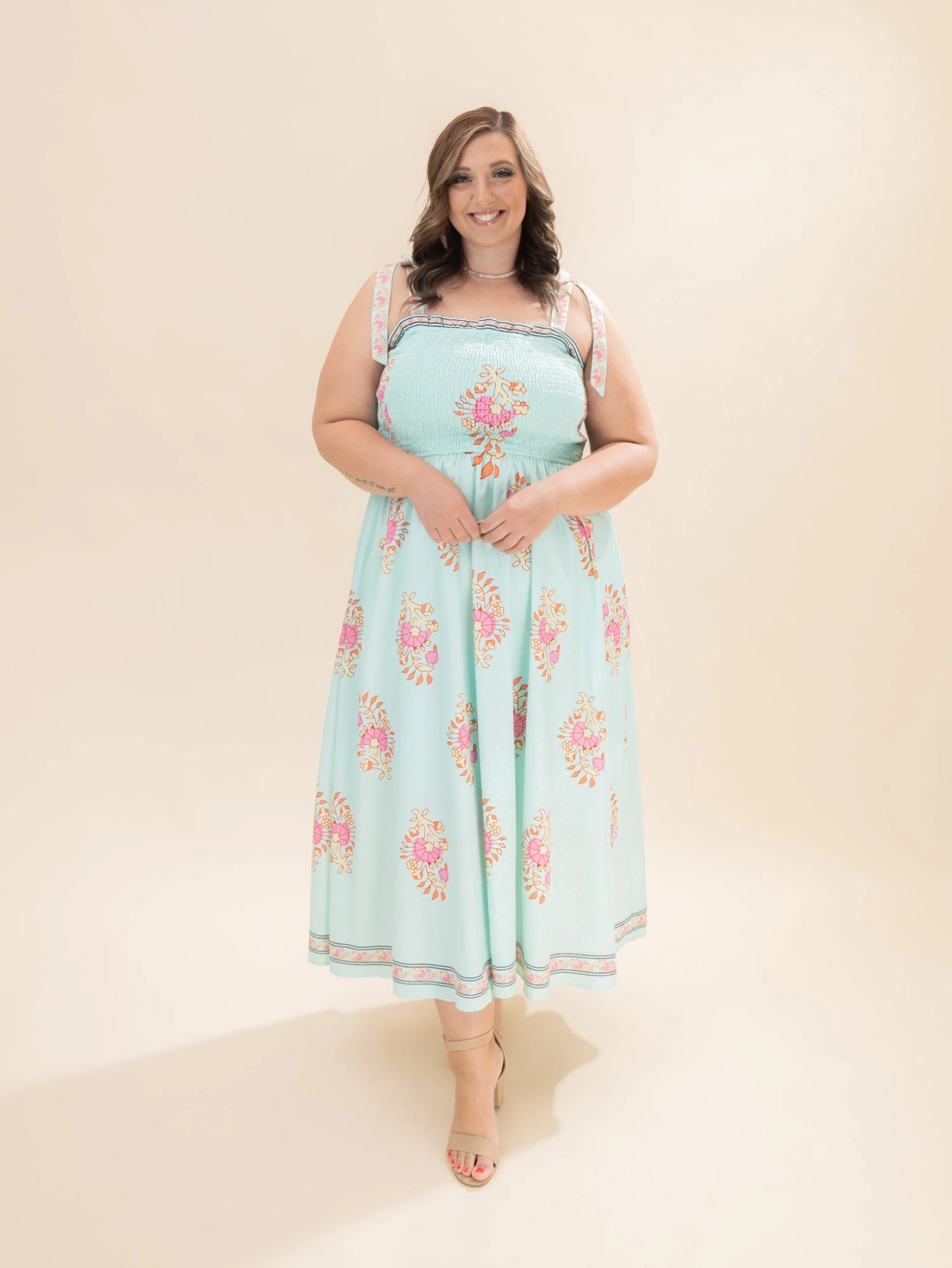 Printed Smocked Bodice Tie Strap Midi Dress | S - 3XL 2 Printed Smocked Bodice Tie Strap Midi Dress | S - 3XL - Image 2