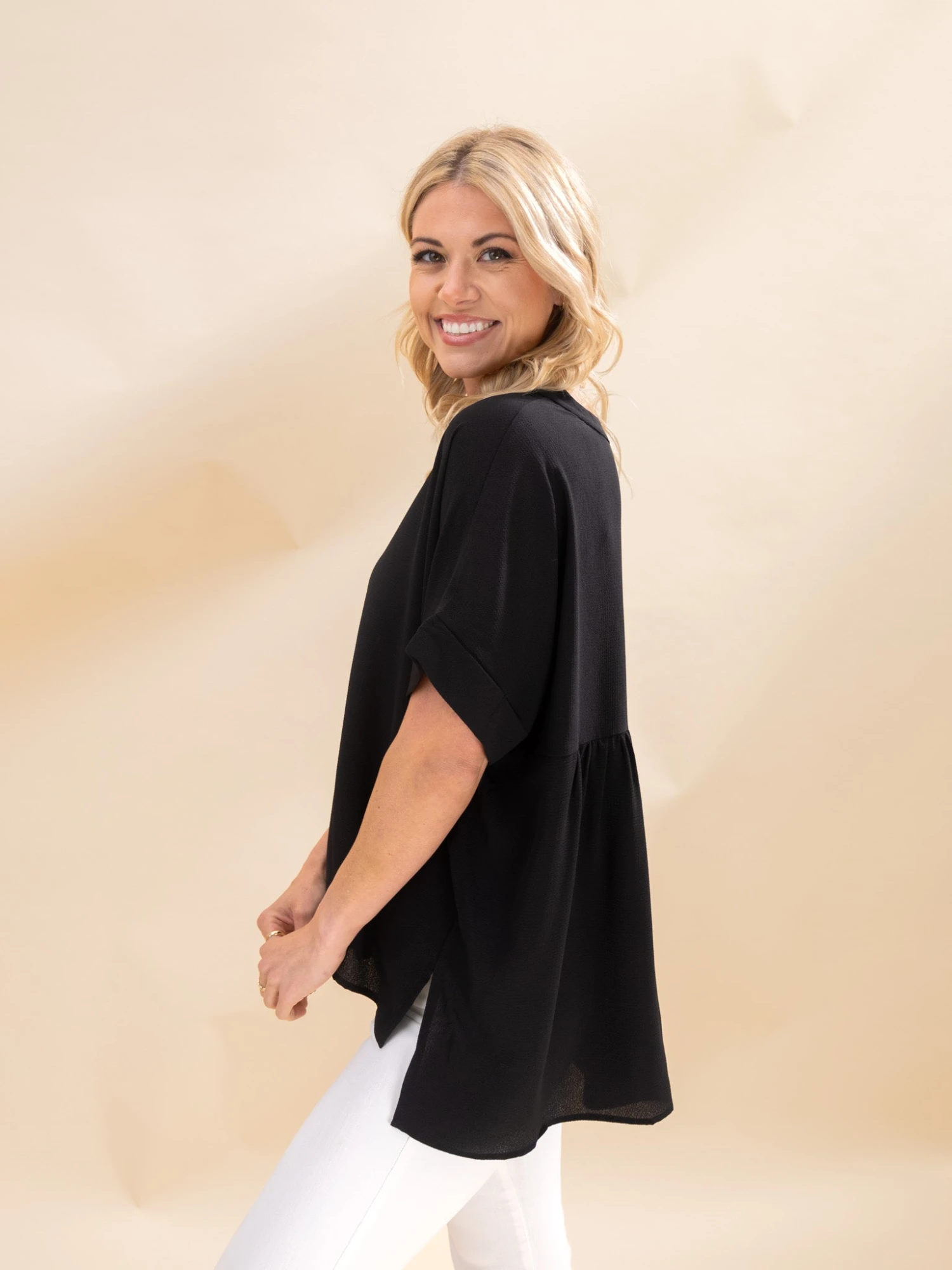 Drop Shoulder V Neck Woven Top | S-2XL 3 Drop Shoulder V Neck Woven Top | S-2XL - Image 3