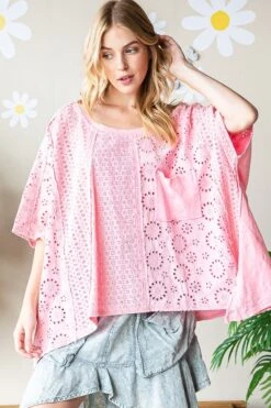 Washed Asymmetrical Hem Oversized Eyelet Top | S-XL Oli & Hali