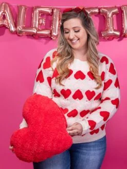 Multi Color Heart Print Long Sleeve Round Neck Sweater | S-XL