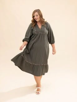 Solid Long Sleeve Collared Midi Dress | S-L -Discount Divas Shop 6ae3d01a0e703bb803a569aeb77d8804