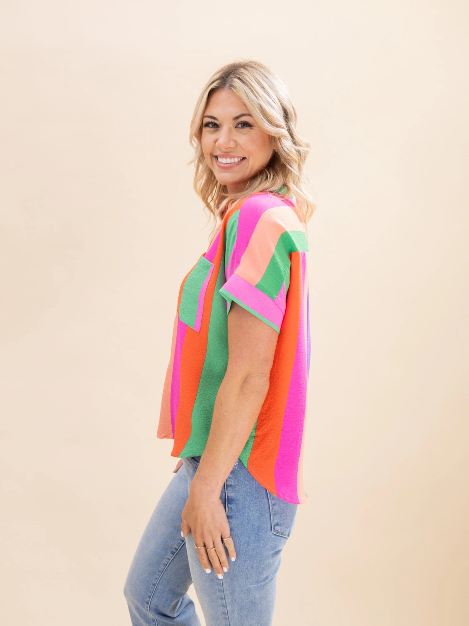 Multicolor Striped Print Button Up Top | S-2XL 2 Multicolor Striped Print Button Up Top | S-2XL - Image 2